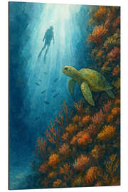 Alubild Taucher mit Meeresschildkröte am Korallenriff