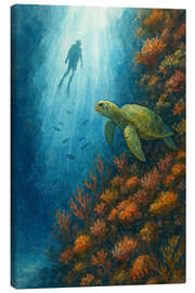 Leinwandbild Taucher mit Meeresschildkröte am Korallenriff