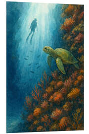 Hartschaumbild Taucher mit Meeresschildkröte am Korallenriff - Natalie Bruns