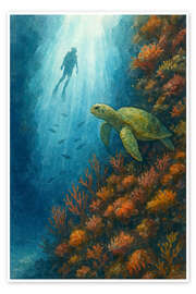 Wandbild Taucher mit Meeresschildkröte am Korallenriff - Natalie Bruns