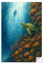 Wandsticker Taucher mit Meeresschildkröte am Korallenriff