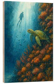 Holzbild Taucher mit Meeresschildkröte am Korallenriff