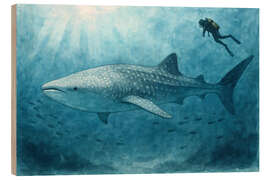 Holzbild Taucher schwimmt mit Walhai - Natalie Bruns
