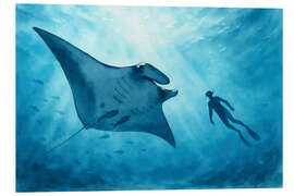 Hartschaumbild Freitaucher schwimmt mit einem riesigen Mantarochen - Natalie Bruns