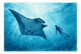 Wandbild Freitaucher schwimmt mit einem riesigen Mantarochen - Natalie Bruns