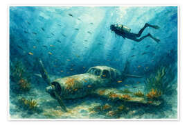 Wandbild Taucher erkunden versunkenes Flugzeugwrack - Natalie Bruns