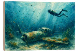 Holzbild Taucher erkunden versunkenes Flugzeugwrack - Natalie Bruns