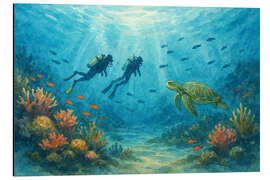 Alubild Taucher mit Meeresschildkröte und Korallenriff