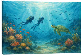 Leinwandbild Taucher mit Meeresschildkröte und Korallenriff - Natalie Bruns