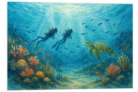 Hartschaumbild Taucher mit Meeresschildkröte und Korallenriff - Natalie Bruns