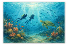 Wandbild Taucher mit Meeresschildkröte und Korallenriff - Natalie Bruns