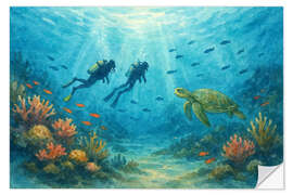 Wandsticker Taucher mit Meeresschildkröte und Korallenriff - Natalie Bruns