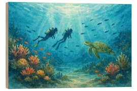 Holzbild Taucher mit Meeresschildkröte und Korallenriff