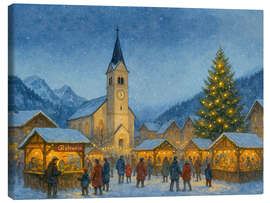 Leinwandbild Weihnachtsmarkt im verschneiten Alpendorf
