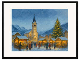 Gerahmter Kunstdruck Weihnachtsmarkt im verschneiten Alpendorf