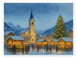 Wandbild Weihnachtsmarkt im verschneiten Alpendorf - Natalie Bruns
