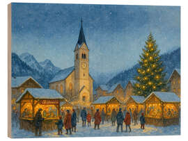 Holzbild Weihnachtsmarkt im verschneiten Alpendorf