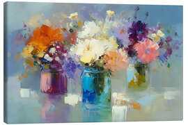 Leinwandbild Bunte Blumen in Glasgefäßen