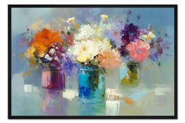Gerahmter Kunstdruck Bunte Blumen in Glasgefäßen