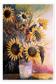 Wandbild Sonnenblumen in alter Tonvase - Johann Pickl