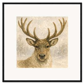 Gerahmter Kunstdruck Hirsch im verschneiten Wald