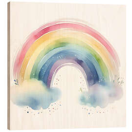 Holzbild Regenbogen mit Wolken