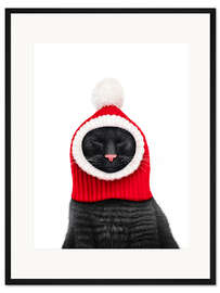 Gerahmter Kunstdruck Schwarze Katze mit Pudelmütze