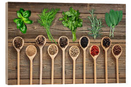 Holzbild Frische Kräuter und bunte Gewürze auf Holz - Thomas Klee