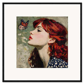 Gerahmter Kunstdruck Frau mit Schmetterling