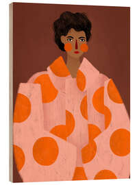 Holzbild Frau mit orangefarbenen Punkten