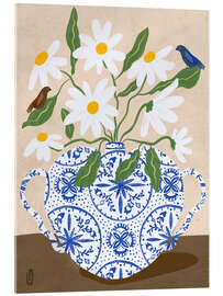 Acrylglasbild Weiße Blumen in einer Vase mit Vögeln