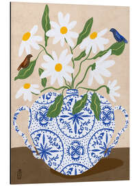 Alubild Weiße Blumen in einer Vase mit Vögeln