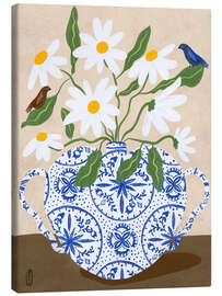 Leinwandbild Weiße Blumen in einer Vase mit Vögeln