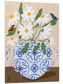 Hartschaumbild Weiße Blumen in einer Vase mit Vögeln