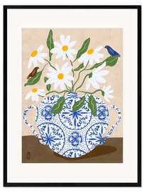 Gerahmter Kunstdruck Weiße Blumen in einer Vase mit Vögeln