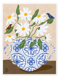 Poster Weiße Blumen in einer Vase mit Vögeln