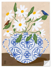 Wandsticker Weiße Blumen in einer Vase mit Vögeln