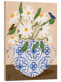 Holzbild Weiße Blumen in einer Vase mit Vögeln