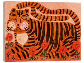 Holzbild Schlafender Tiger im Blumengarten - Dirkie Nell