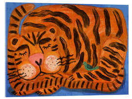 Acrylglasbild Schlafender Tiger und ein Vogelkumpel