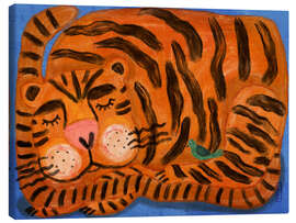 Leinwandbild Schlafender Tiger und ein Vogelkumpel