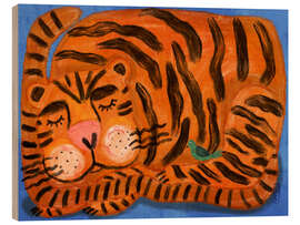 Holzbild Schlafender Tiger und ein Vogelkumpel