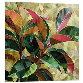 Hartschaumbild Ficus Elastica Kunstwerk in Burgunder- und Goldtöne