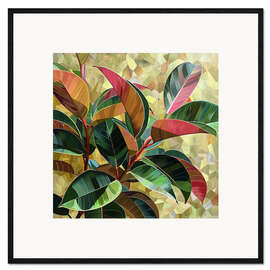 Gerahmter Kunstdruck Ficus Elastica Kunstwerk in Burgunder- und Goldtöne