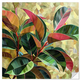 Wandsticker Ficus Elastica Kunstwerk in Burgunder- und Goldtöne