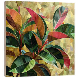 Holzbild Ficus Elastica Kunstwerk in Burgunder- und Goldtöne