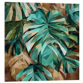 Tableau en verre acrylique Polygonal Tropical Leaves in Emerald Tones - Maria Tuzhilkina