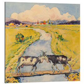 Stampa su alluminio Two goats on a narrow footbridge over a stream - Gustav Mally
