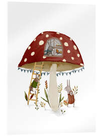 Acrylglasbild Hasenfamilie im Fliegenpilzhaus