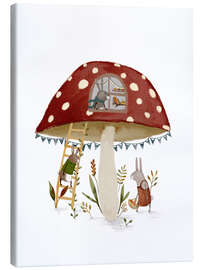 Leinwandbild Hasenfamilie im Fliegenpilzhaus